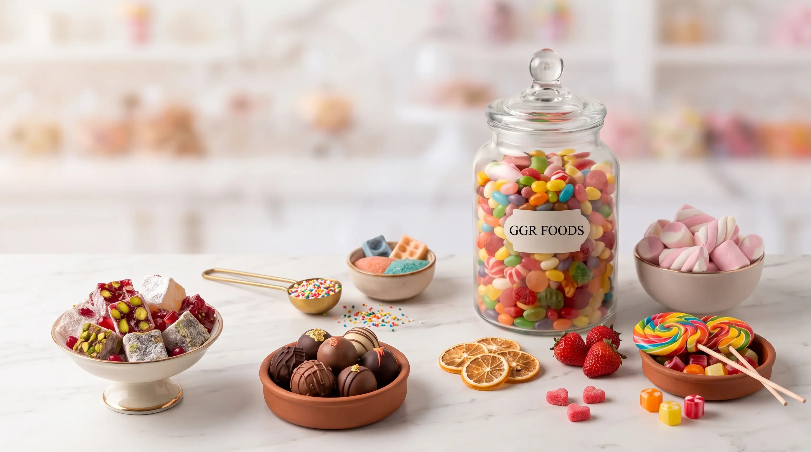 GGR Foods Şekerleme Koleksiyonu - lokum, marshmallow, lolipop, jelibon ve çikolata çeşitleri